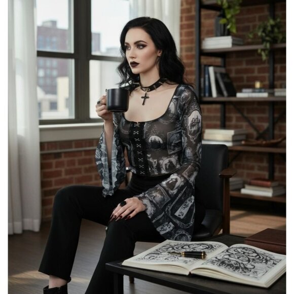Crop Top – Widow – Forgotten Memories Mesh Hook & Eye Bell Sleeve Semi‑Sheer S - Picture 2 of 2